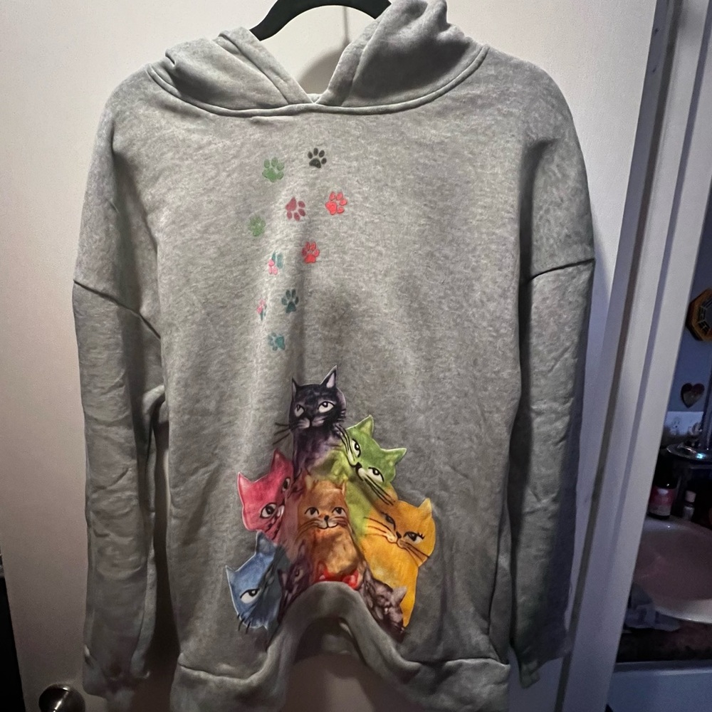 GREY RAINBOW CAT HOODIE SIZE LARGE UNISEX MENS WOMENS